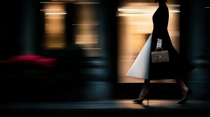   A woman in a black dress strolled down the street with a handbag slung over one shoulder and another in her other hand