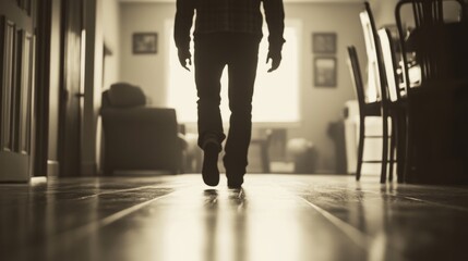 Man walking home, hallway, furniture, light, interior design