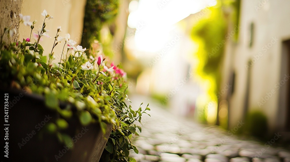 Poster a line of container gardens resting alongside a brick wall and cobblestone path, with a building beh