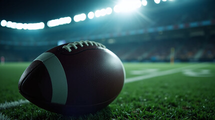 close-up of an American football under intense stadium lights, Football Banner