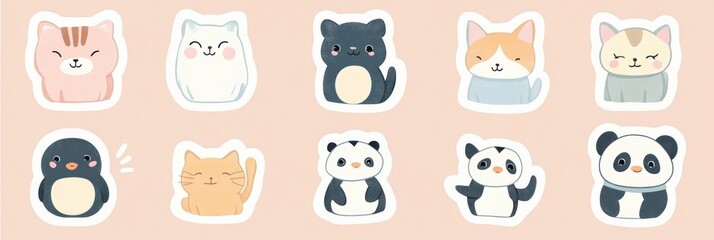 Cute animal stickers featuring cats, dogs, and penguins against a soft pastel background to brighten your day. Generative AI