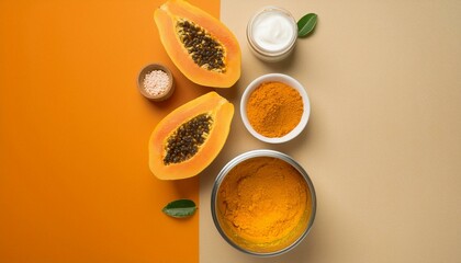 Homemade face mask ingredients: papaya, turmeric, and cream.