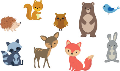 Vector illustration of forest animals. Cute fox, squirrel, raccoon, bear, deer, owl, hare, hedgehog, bird.