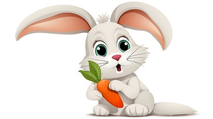 A cartoon rabbit is holding a carrot in its mouth