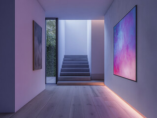 Modern Hallway with Abstract Art and Wooden Flooring