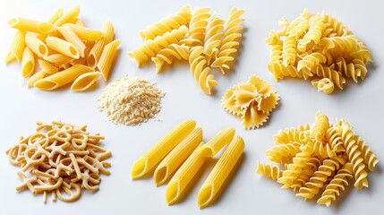 Detailed close-up of various pasta shapes including macaroni, spaghetti, and penne on a white background