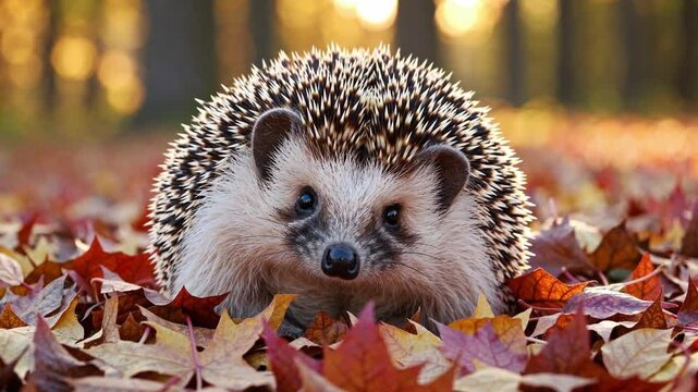 featuring an adorable hedgehog sitting among a bed of vibrant autumn leaves, its tiny paws tucked beneath its round, spiky body