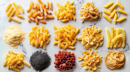 Detailed close-up of various pasta shapes including macaroni, spaghetti, and penne on a white background