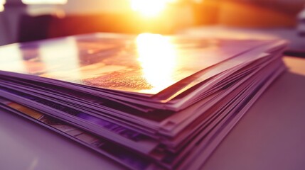 Stack of Colorful Photographs with Warm Sunset Background Light