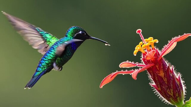 scene of a delicate hummingbird hovering mid-air, its iridescent feathers shimmering in shades of emerald green and sapphire blue as it extends its slender beak toward a vibrant flower. 