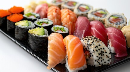 Detailed close-up of sushi varieties like dragon rolls, spicy tuna, and cucumber maki on a glossy black plate, set against a bright white background
