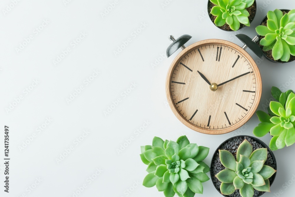 Poster a clock sits atop a table accompanied by some greenery