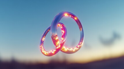 Naklejka premium A minimalist pair of intertwined holographic rings floating mid-air in a crystal-clear virtual space