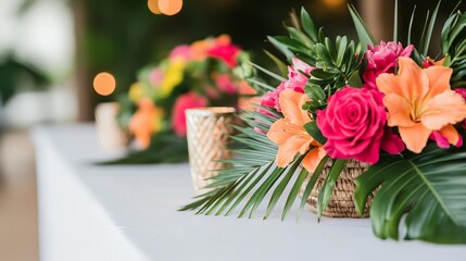 Obraz premium Tropical wedding setup with a tiki bar and vibrant flowers