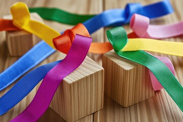 Set of wooden building blocks with colorful ribbons tied around, ideal for creative play and DIY...