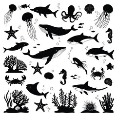 Obraz premium Shark illustration sticker set on white background featuring multiple sea creatures, underwater silhouettes, fish, shells, and plants with bold black