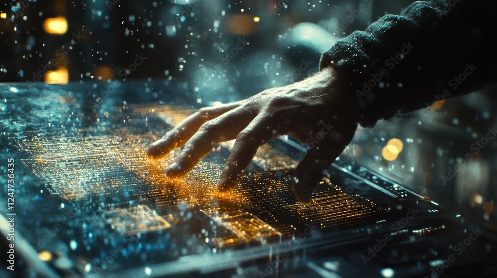 Poster engineer's hand glides over a futuristic digital interface, manipulating complex data streams and sp