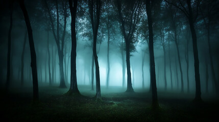 Fototapeta premium A forest with trees in the background and a foggy sky