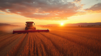 Fototapeta premium Farmer driving a combine harvester at sunset