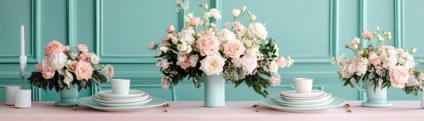Obraz premium Vintage-inspired wedding setup with a retro vibe and pastel florals