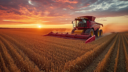 Fototapeta premium Farmer driving a combine harvester at sunset