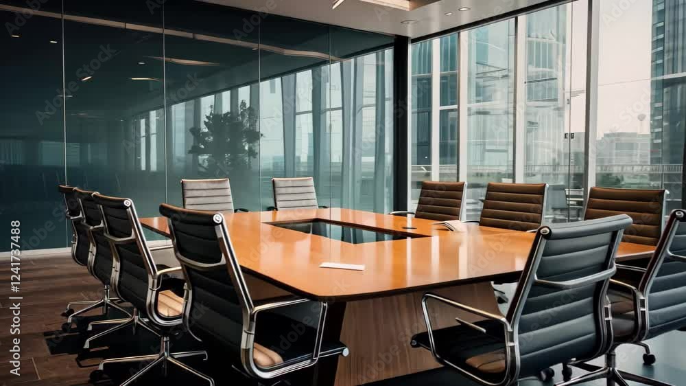 Poster modern meeting room with a large table and view of city skyline reflects a professional atmosphere a