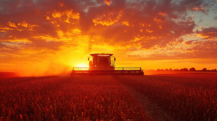 Fototapeta premium Farmer driving a combine harvester at sunset