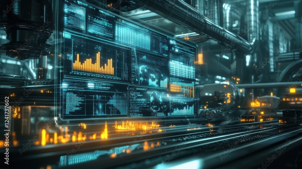 Poster futuristic industrial environment showing a digital display with various analytics and data, highlig