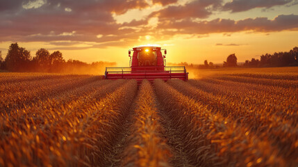 Obraz premium Farmer driving a combine harvester at sunset