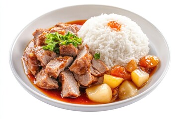A simple meal of rice and meat served in a white bowl