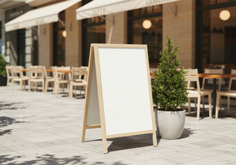Blank white menu stand with a mockup space for promotional content, positioned along the pathway near a street café for advertising display.