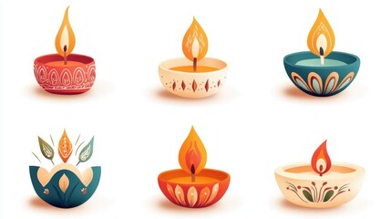 Ornate diyas, traditional oil lamps, illuminated with warm flames.