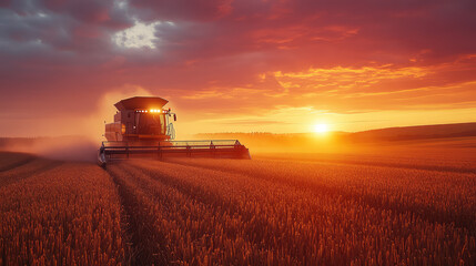 Farmer driving a combine harvester at sunset