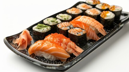 Detailed close-up of sushi varieties like dragon rolls, spicy tuna, and cucumber maki on a glossy black plate, set against a bright white background