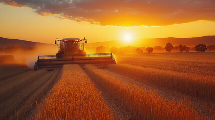 Fototapeta premium Farmer driving a combine harvester at sunset