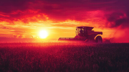 Fototapeta premium Farmer driving a combine harvester at sunset