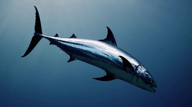  slow-motion scene of a powerful tuna (orkinos) gliding effortlessly through the deep blue ocean. 
