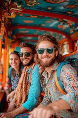 Fototapeta premium Happy travelers enjoying a vibrant journey on a colorful boat.