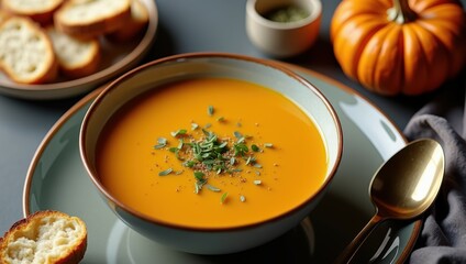 Top-down view of bowl of velvety pumpkin soup, surrounded by small pieces of toasted bread and pumpkin on background. Seasonal food