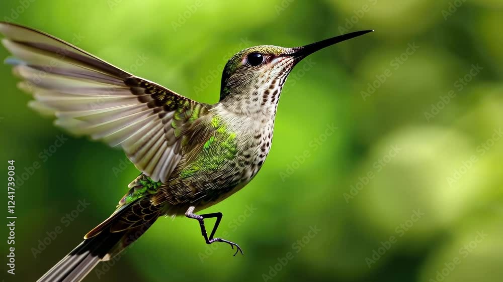 Poster colorful hummingbird in flight showcasing vibrant feathers and agility in a lush green background du