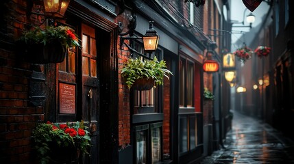 Fototapeta premium Brick-lined street with hanging planters and building lights