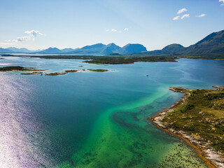 Naklejka premium Norway natural landscape in the north, Norland, Hamaroy area. Beautiful aerial landscape of Northern Norway with sea and mountains in Scandinavia by drone