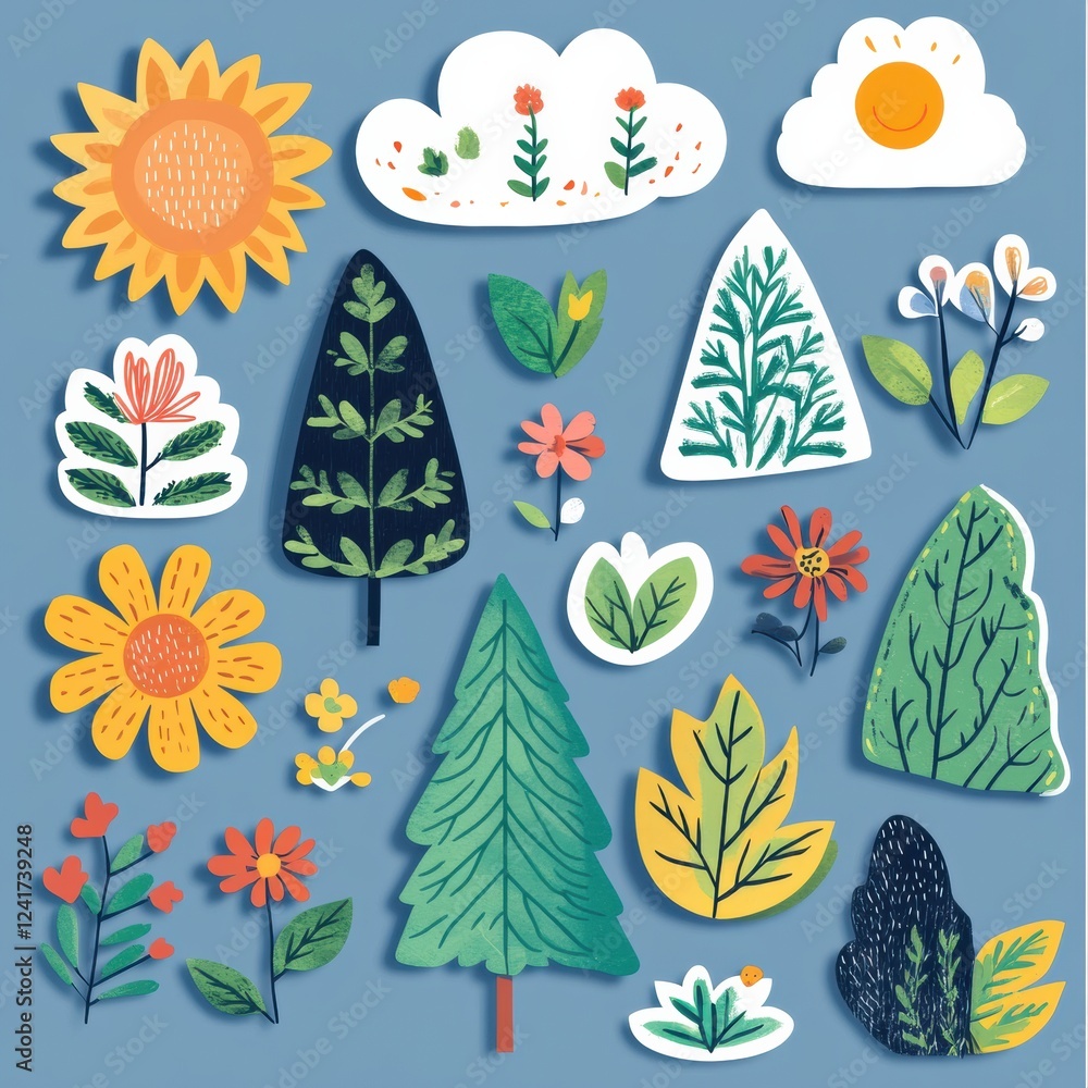 Poster creative display of colorful stickers featuring nature elements like flowers, trees and clouds again
