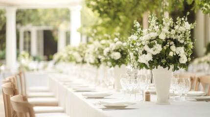 Elegant outdoor wedding reception table setting, white flowers, garden background