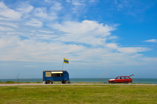 Car and trailer on the oceanfront in Carilo Argentina