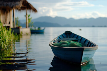 Naklejka premium a calm rowboat with bags of goods for trade at river