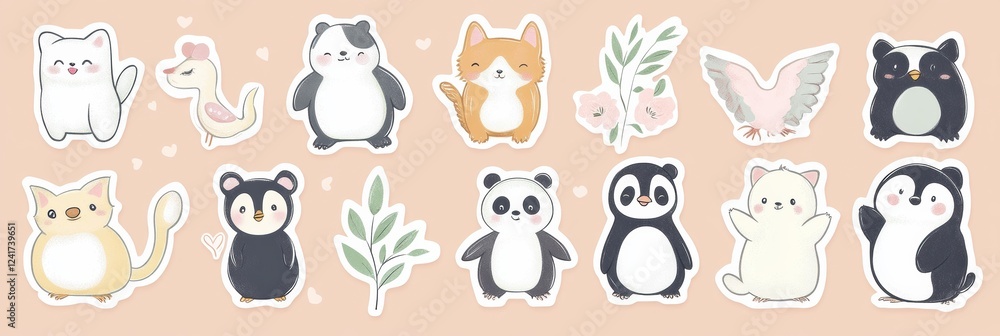 Poster cute animal stickers featuring various playful characters and charming designs on a soft pastel back