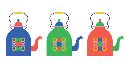 Set of vector teapots. Collection of modern kitchenware.  Fashionable teapots or teapots with geometric patterns.