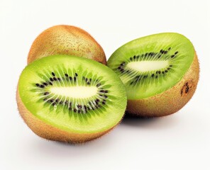 Fototapeta premium Whole and one sliced kiwi fruit on a solid isolated white background.