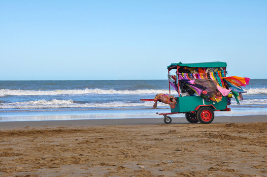 Stand of multi-colored scarves on Carilo beach in Argentina